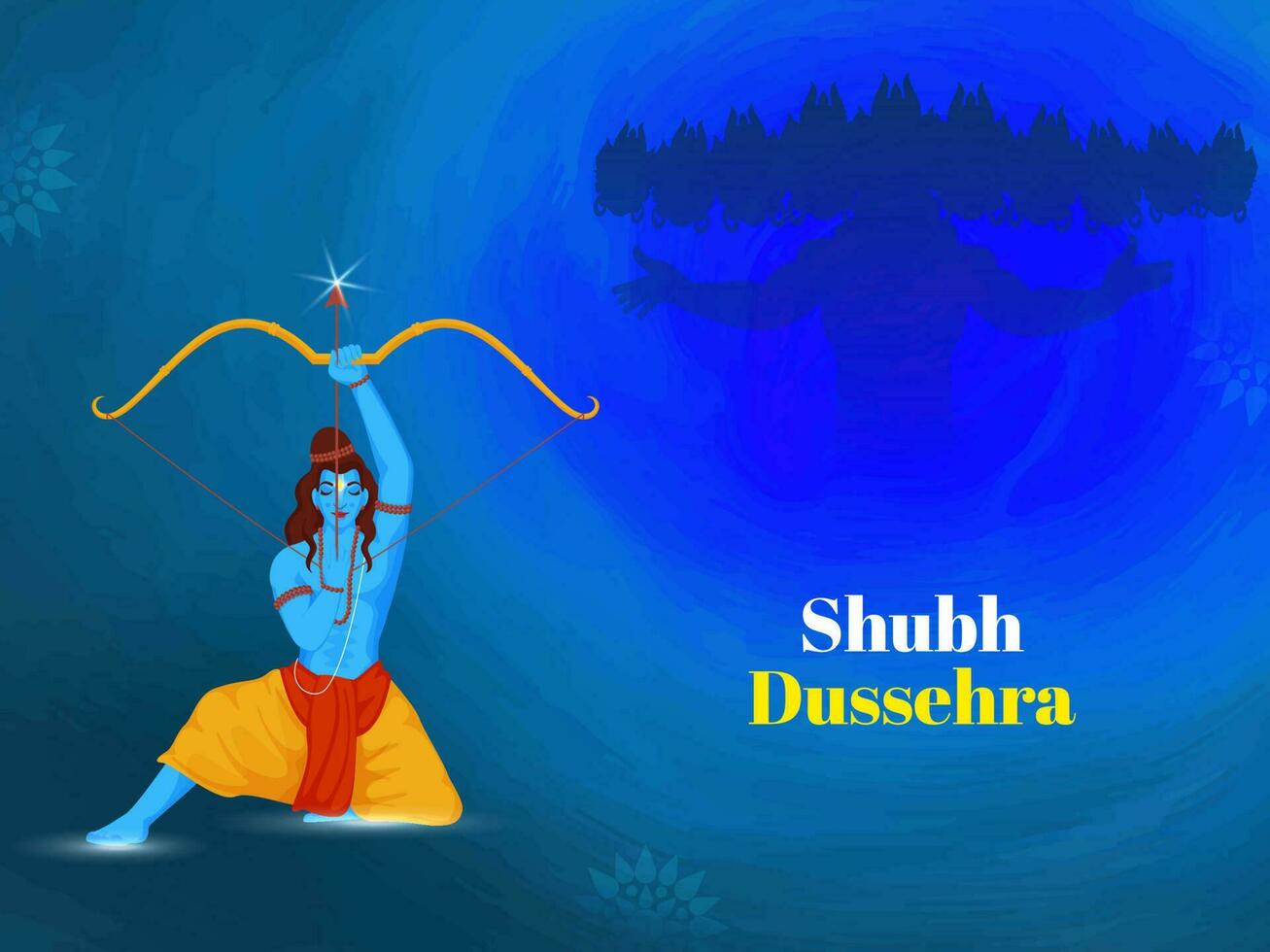 shubh dussehra Police de caractère avec Seigneur rama prise un objectif et silhouette démon Roi Ravana sur bleu Contexte. vecteur