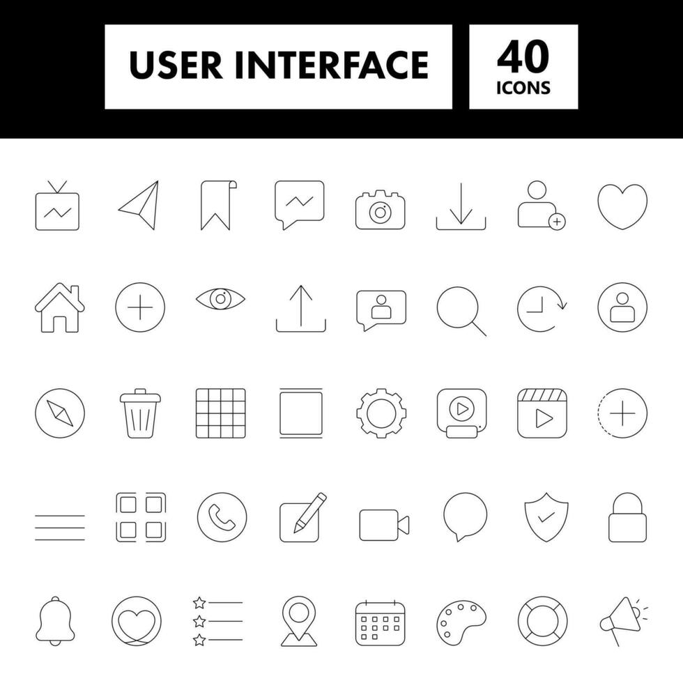 40 utilisateur interface noir accident vasculaire cérébral icône ou symbole ensemble. vecteur