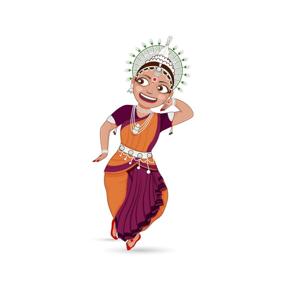 Jeune femme performant Odissi classique Danse de odisha dans traditionnel tenue contre blanc Contexte. vecteur