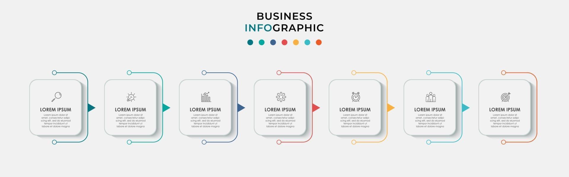 Le vecteur de conception infographie et les icônes de marketing peuvent être utilisés pour la mise en page du flux de travail, le diagramme, le rapport annuel, la conception de sites Web. concept d'entreprise avec 7 options, étapes ou processus.