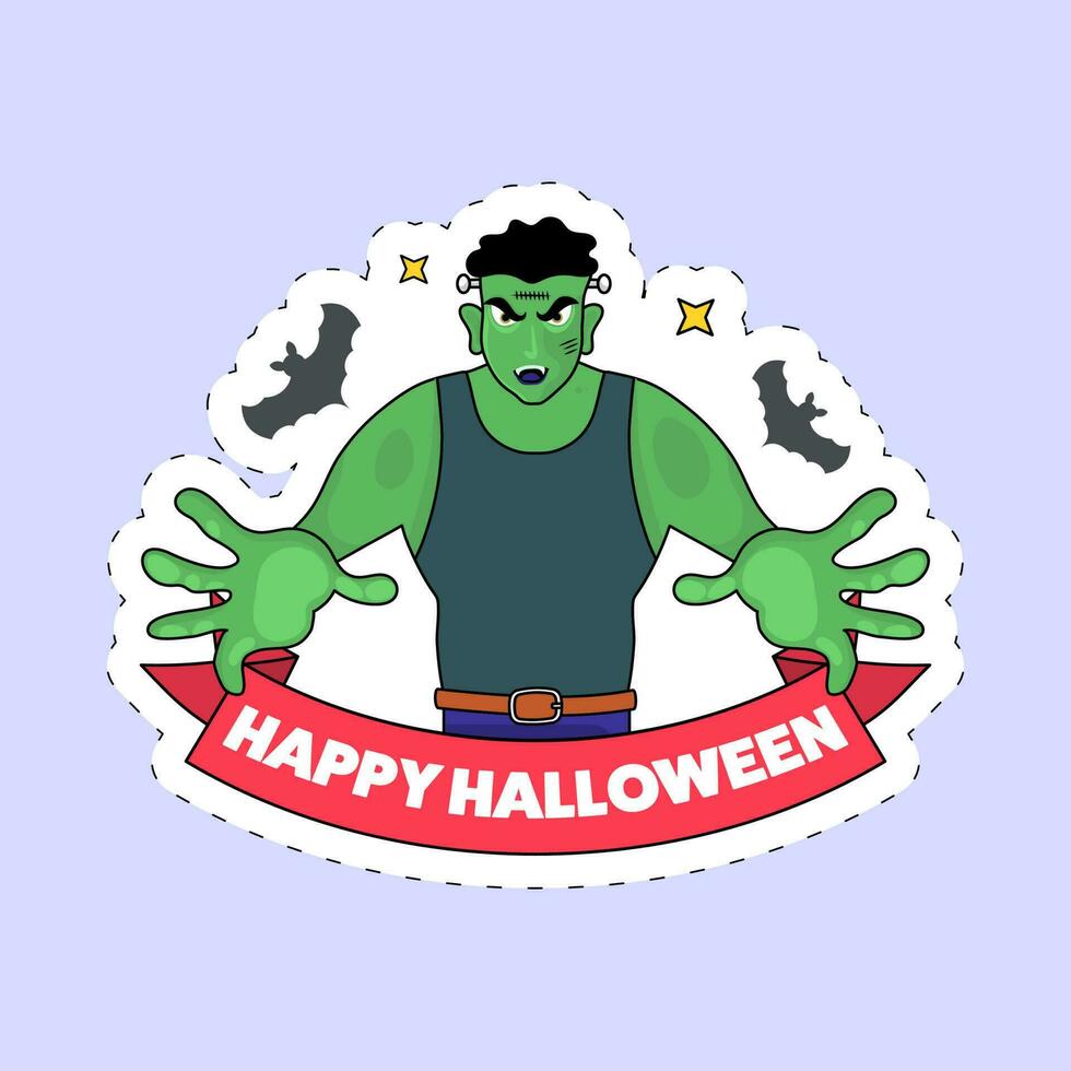 autocollant style content Halloween Police de caractère avec dessin animé zombi homme et en volant chauves-souris sur bleu Contexte. vecteur