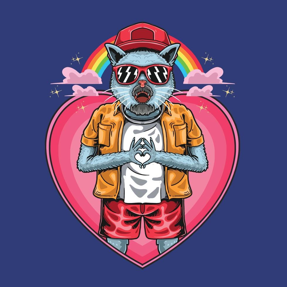 illustration de mascotte cool amour chat arc-en-ciel vecteur