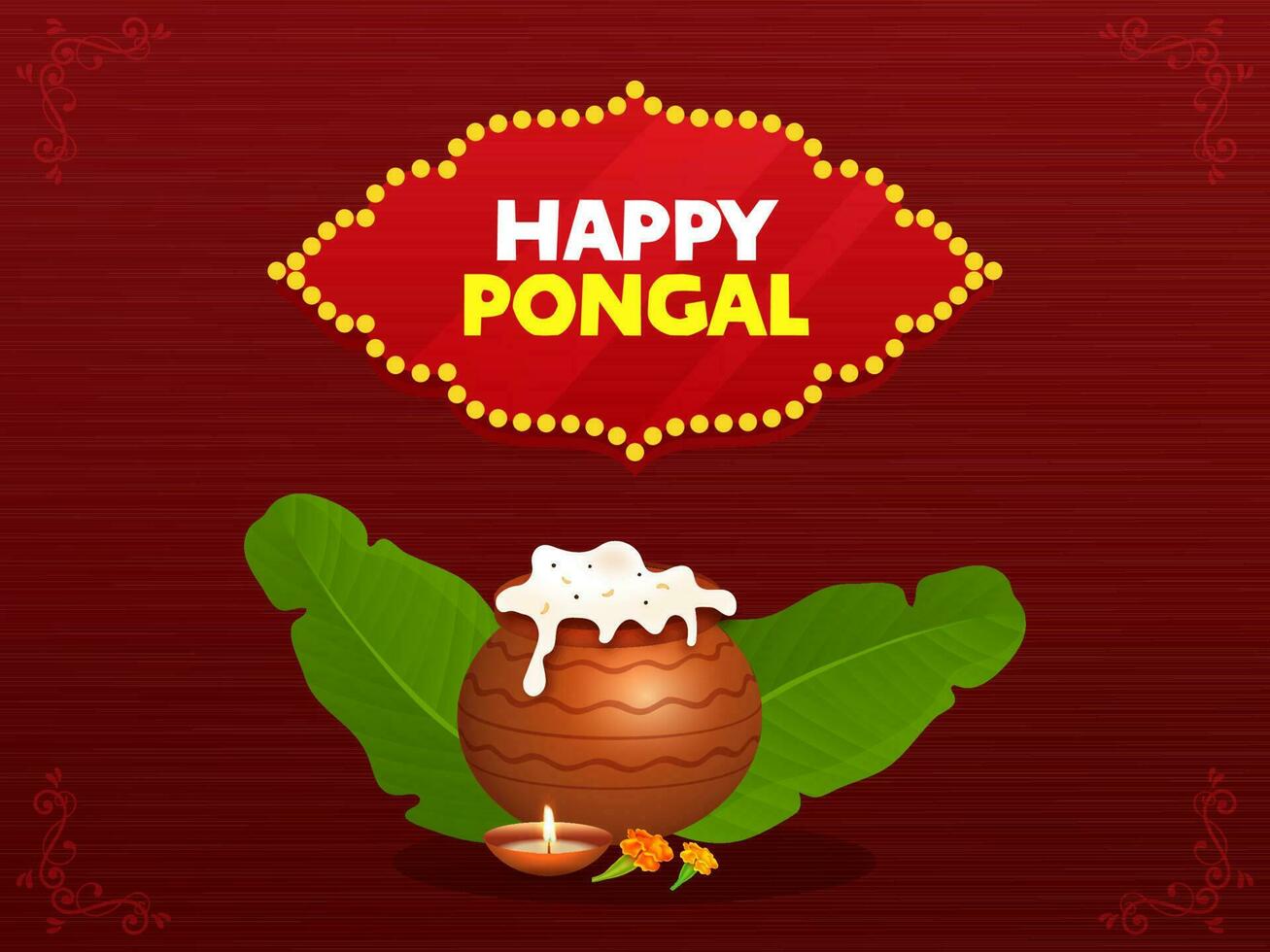 content pongal texte plus de ancien Cadre avec pongali riz dans argile pot, banane feuilles, allumé pétrole lampe et souci fleurs sur rouge Contexte. vecteur