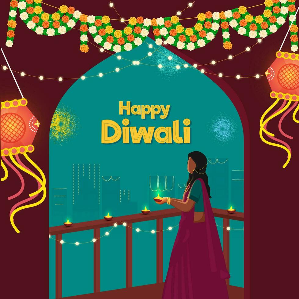 content diwali fête concept avec sans visage Indien femme en portant allumé pétrole lampe, pendaison lanternes, éclairage guirlande, courir sur turquoise et bordeaux Contexte. vecteur