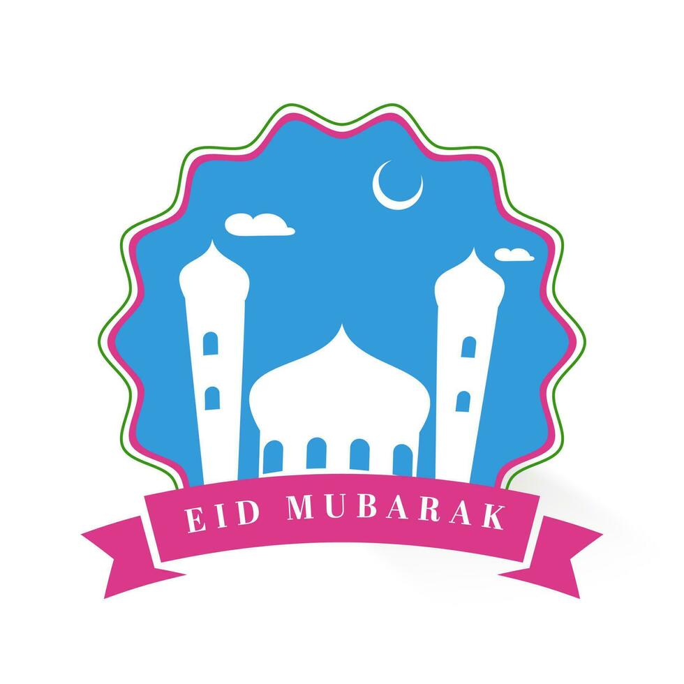 eid mubarak salutation carte avec mosquée, croissant lune sur bleu et blanc Contexte. vecteur