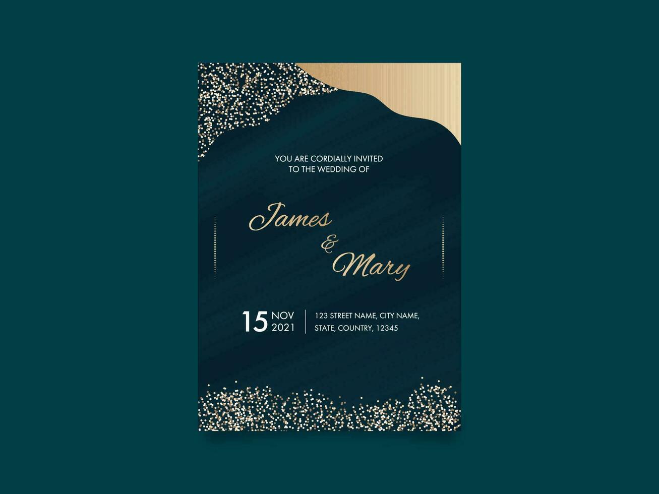 moderne mariage invitation carte avec un événement détails dans sarcelle et d'or couleur. vecteur