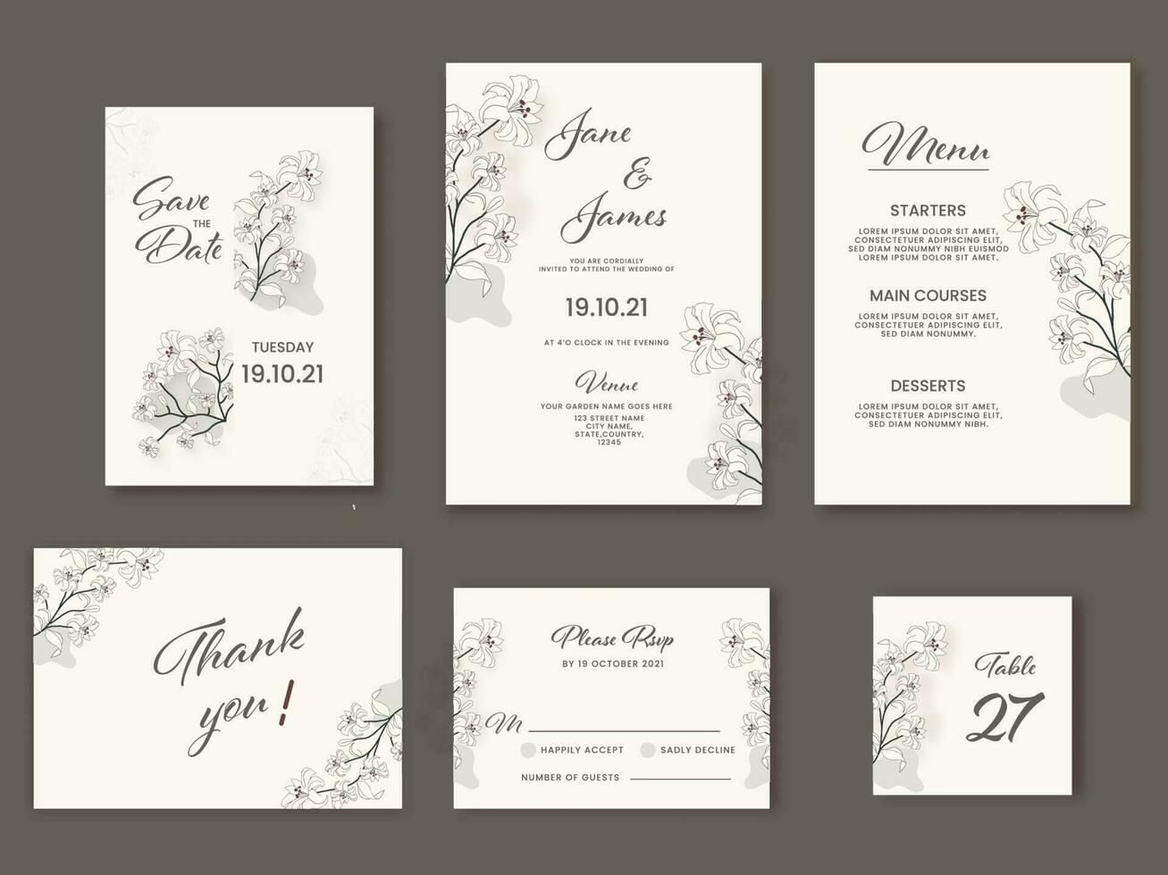 mariage invitation suite décoré avec lis fleurs dans blanc couleur. vecteur