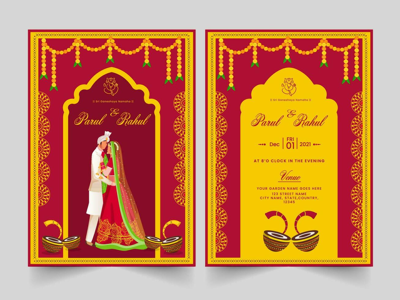 Indien mariage invitation carte avec un événement détails dans rouge et Jaune couleur. vecteur
