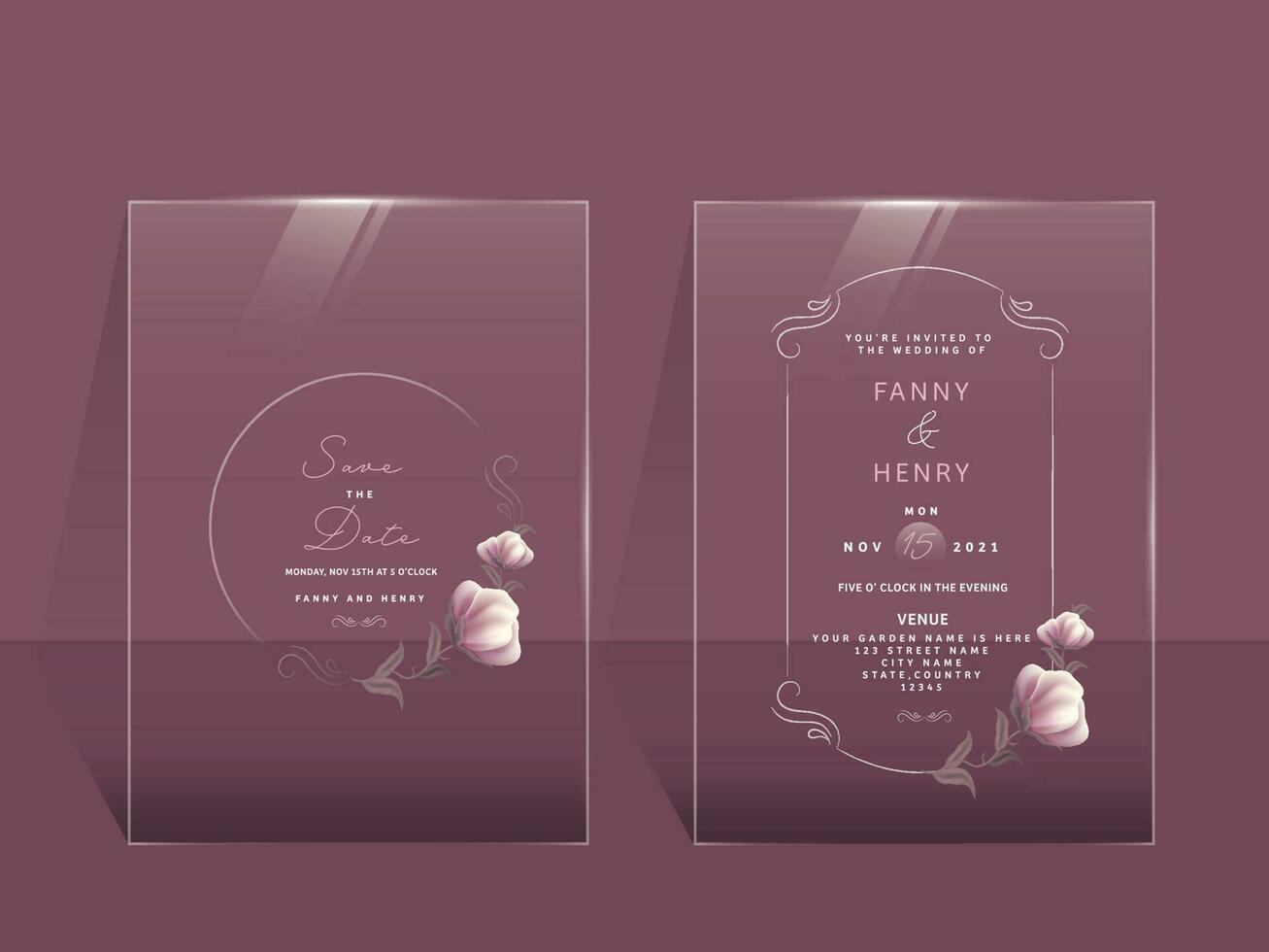 moderne mariage invitation carte avec double face présent sur rose Contexte. vecteur