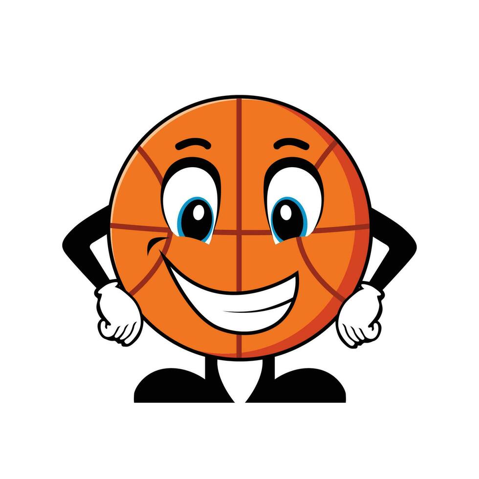 souriant basketball personnage dessin animé avec bras sur hanches. mascotte personnage vecteur