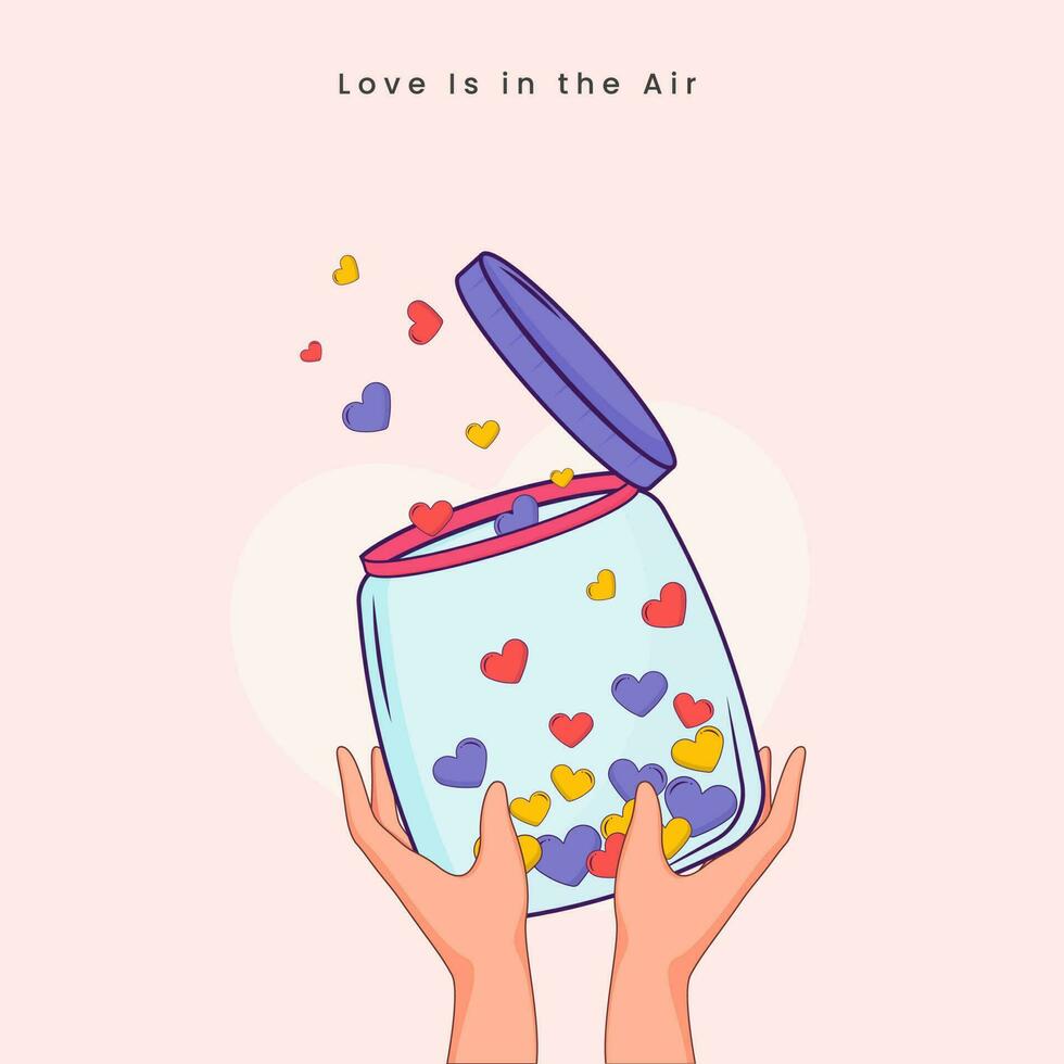 l'amour est dans le air message avec main en portant pot et en volant cœurs sur rose Contexte. vecteur