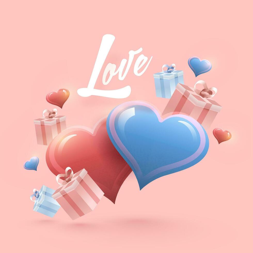 l'amour concept avec 3d cadeau des boites et brillant cœurs décoré sur pastel rose Contexte. vecteur