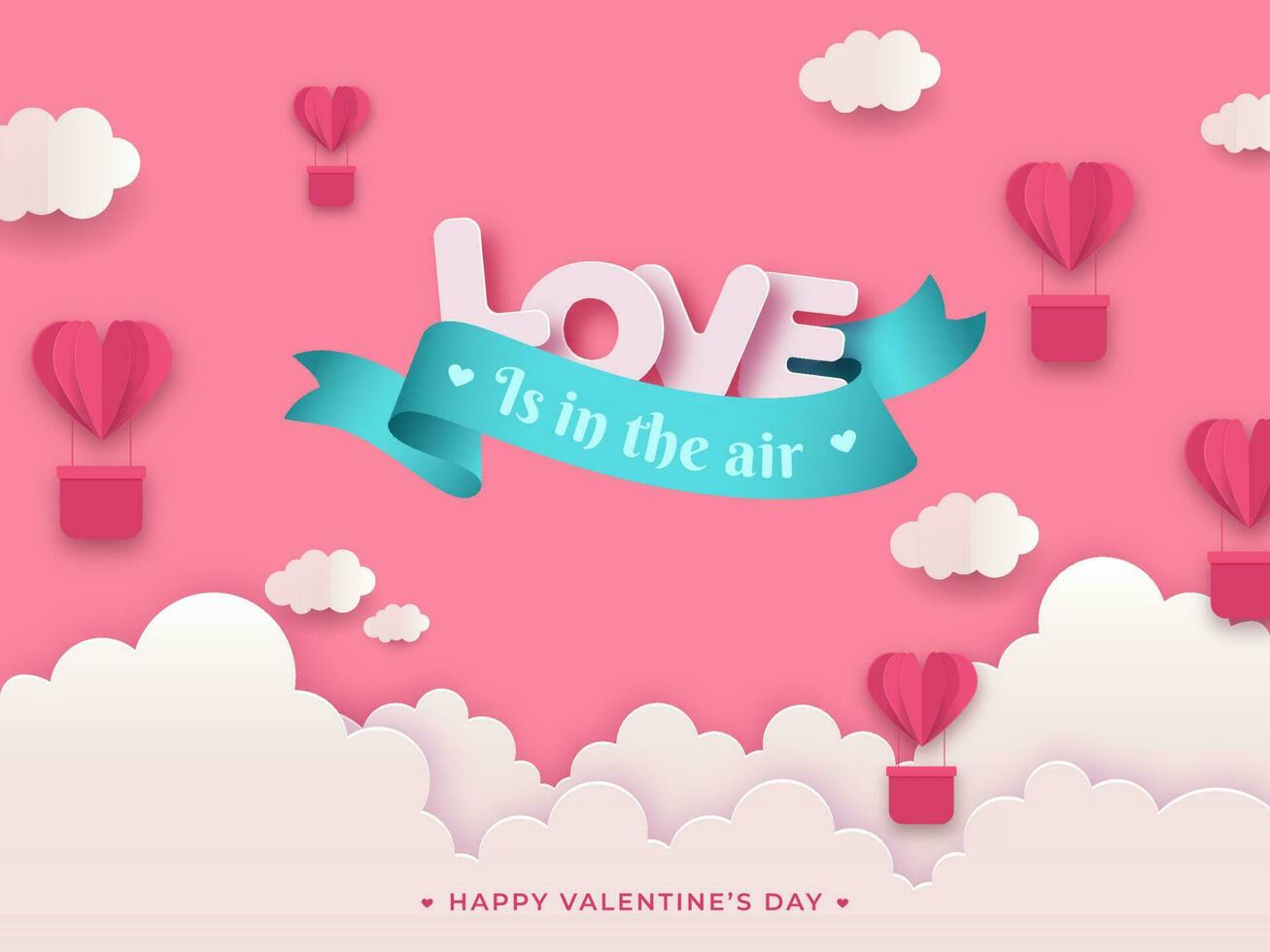 l'amour est dans le air message texte avec papier Couper cœur forme chaud air des ballons et des nuages sur rose Contexte pour la Saint-Valentin journée. vecteur