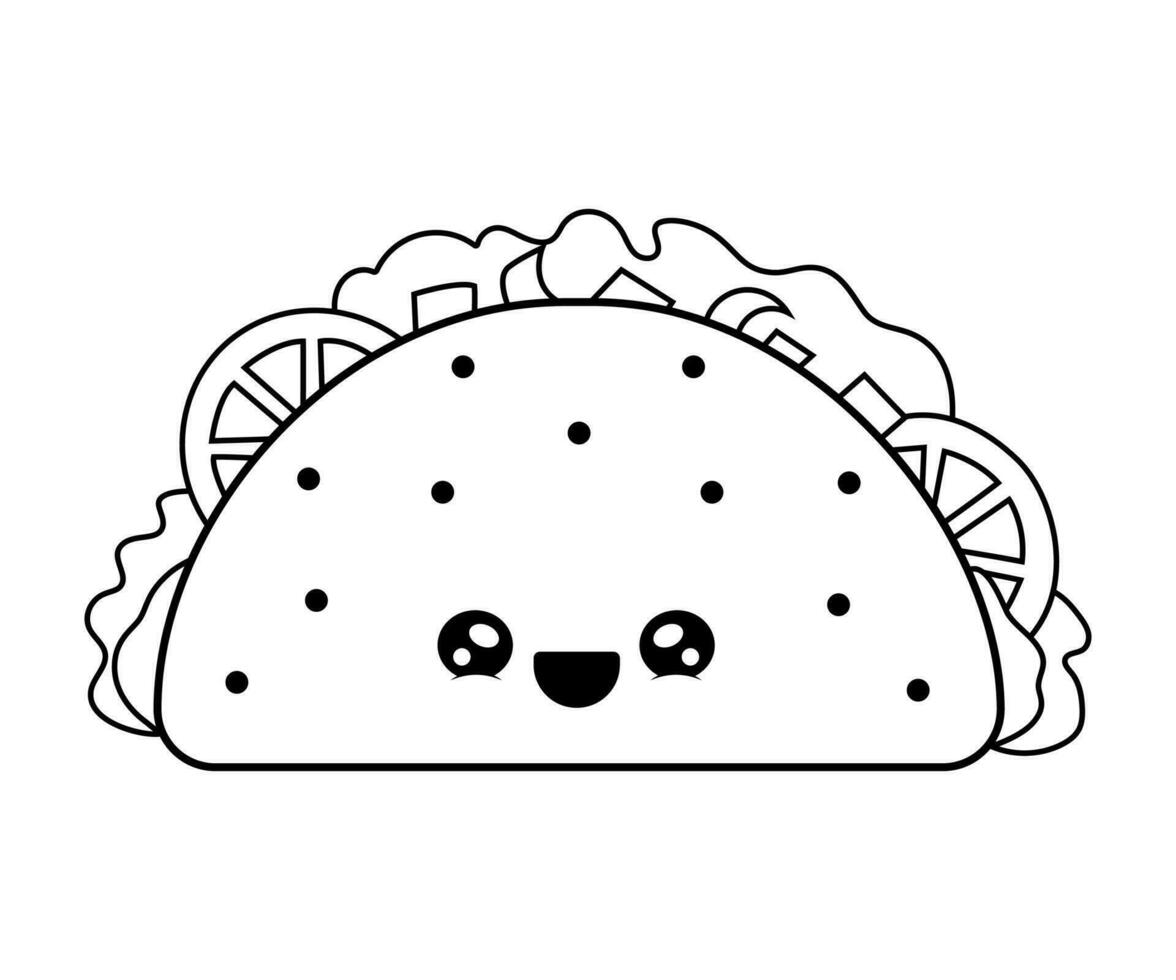 content personnage nourriture tacos. mexicain vite nourriture coloration page. épicé ingrédients. vecteur illustration.