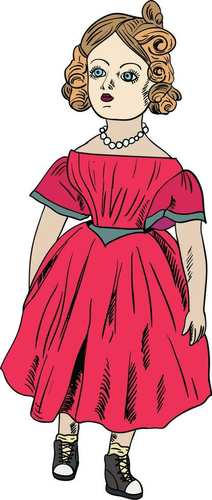 peu princesse. vecteur illustration de une fille dans une rouge robe. esquisser style.