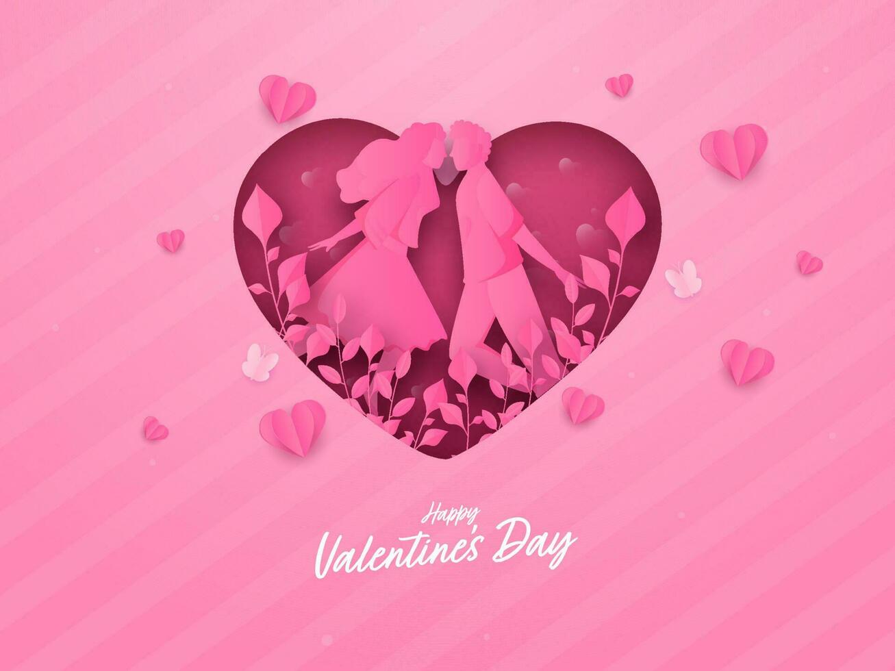 content la Saint-Valentin journée salutation carte avec papier Couper aimant couple, feuilles et cœurs décoré sur rose Bande Contexte. vecteur
