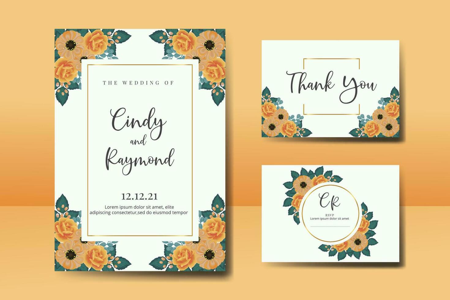 mariage invitation Cadre ensemble, floral aquarelle numérique main tiré Orange Rose et anémone fleur conception invitation carte modèle vecteur