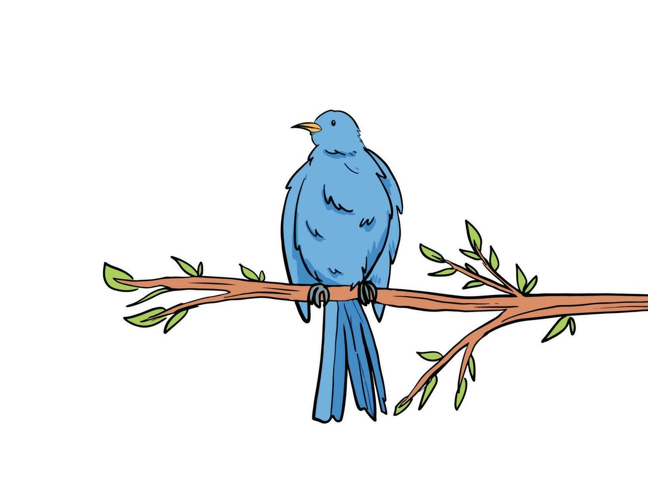 coloré mignonne bleu oiseau vecteur illustration permanent sur Haut de arbre branche. décrit plein coloré dessin isolé sur blanc paysage horizontal Contexte. Facile plat art stylé animal dessin.