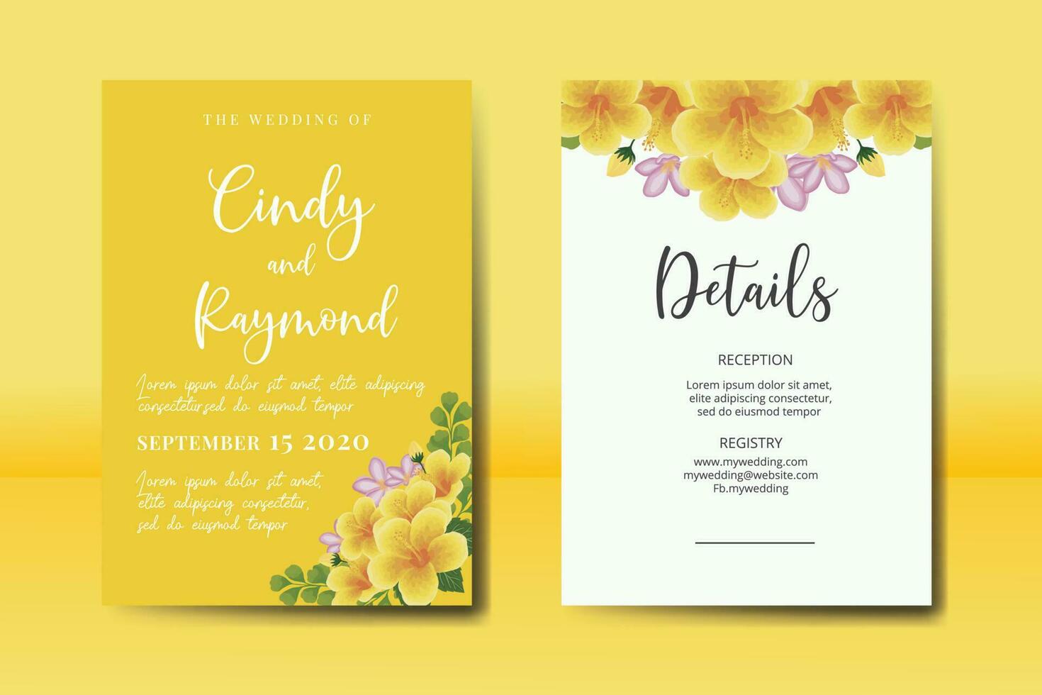 mariage invitation Cadre ensemble, floral aquarelle numérique main tiré Jaune hibiscus fleur conception invitation carte modèle vecteur