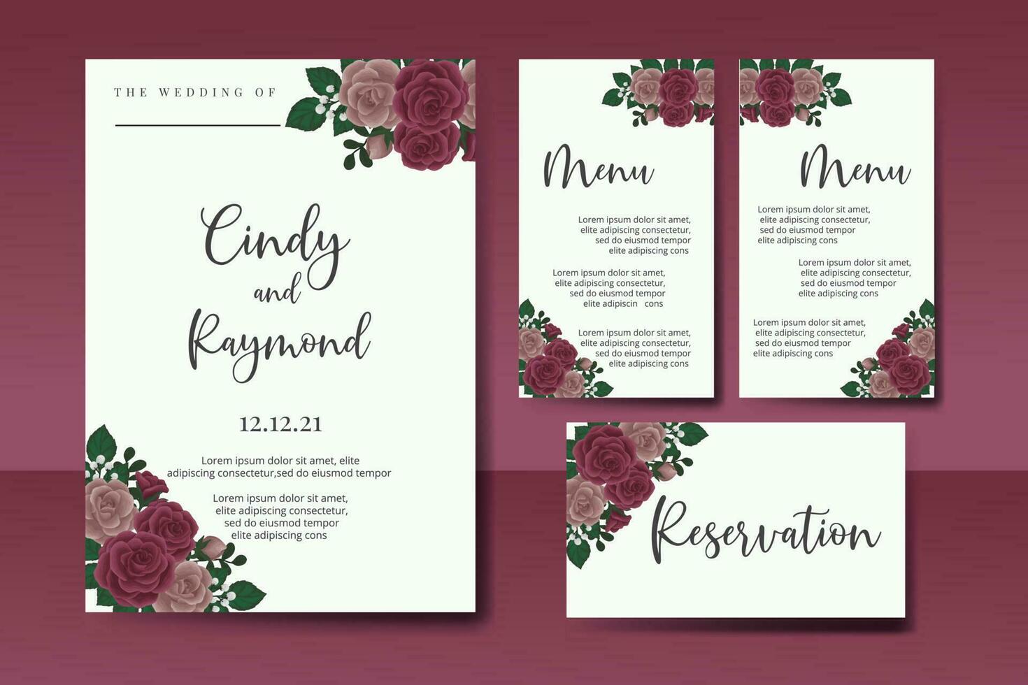 mariage invitation Cadre ensemble, floral aquarelle numérique main tiré bordeaux Rose fleur conception invitation carte modèle vecteur