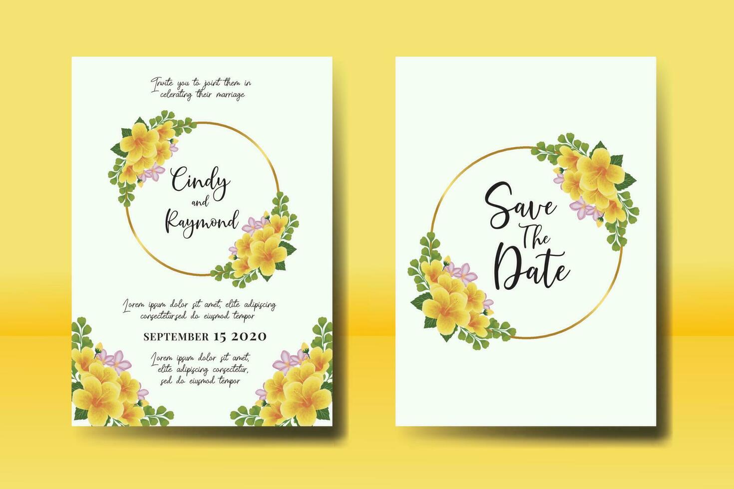 mariage invitation Cadre ensemble, floral aquarelle numérique main tiré Jaune hibiscus fleur conception invitation carte modèle vecteur