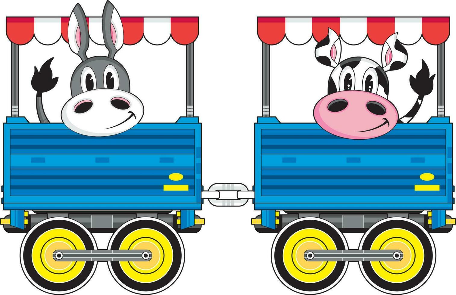 mignonne dessin animé âne et vache dans train le chariot cour de ferme animal illustration vecteur