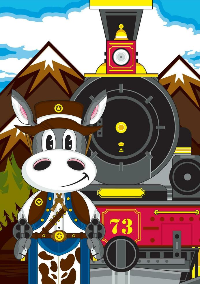 mignonne dessin animé sauvage Ouest âne Pistolero cow-boy shérif avec occidental style vapeur train vecteur