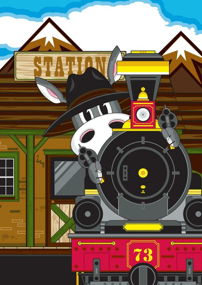 mignonne dessin animé sauvage Ouest âne cow-boy Pistolero avec ancien vapeur train vecteur