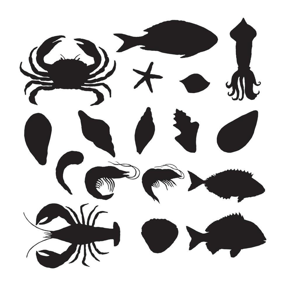 Fruit de mer des poissons ensemble silhouette simplifié formes crevette Crabe vecteur