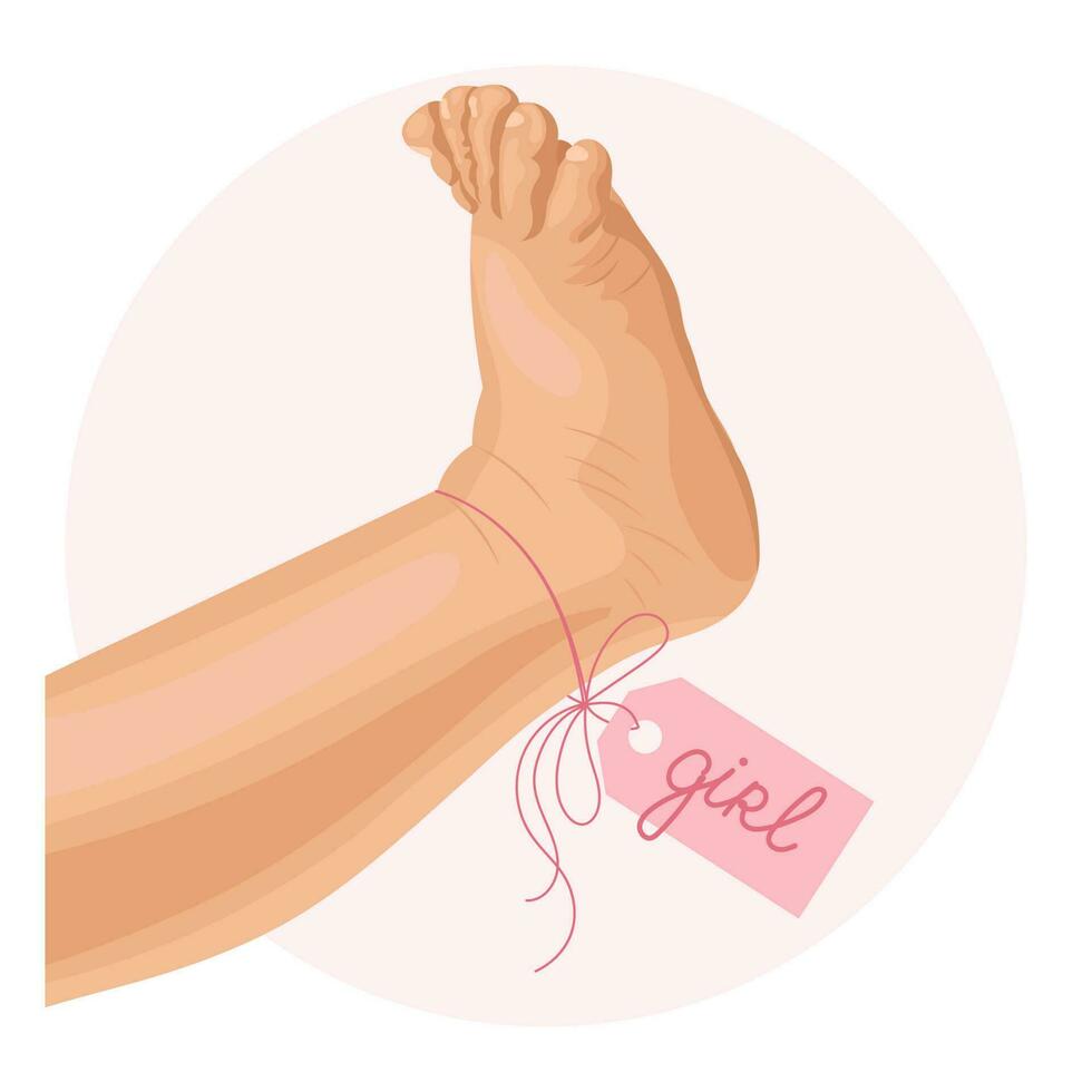 bébé pied avec rose étiquette étiquette fille. icône, logo, illustration pour nouveau-nés. pastel couleurs, vecteur