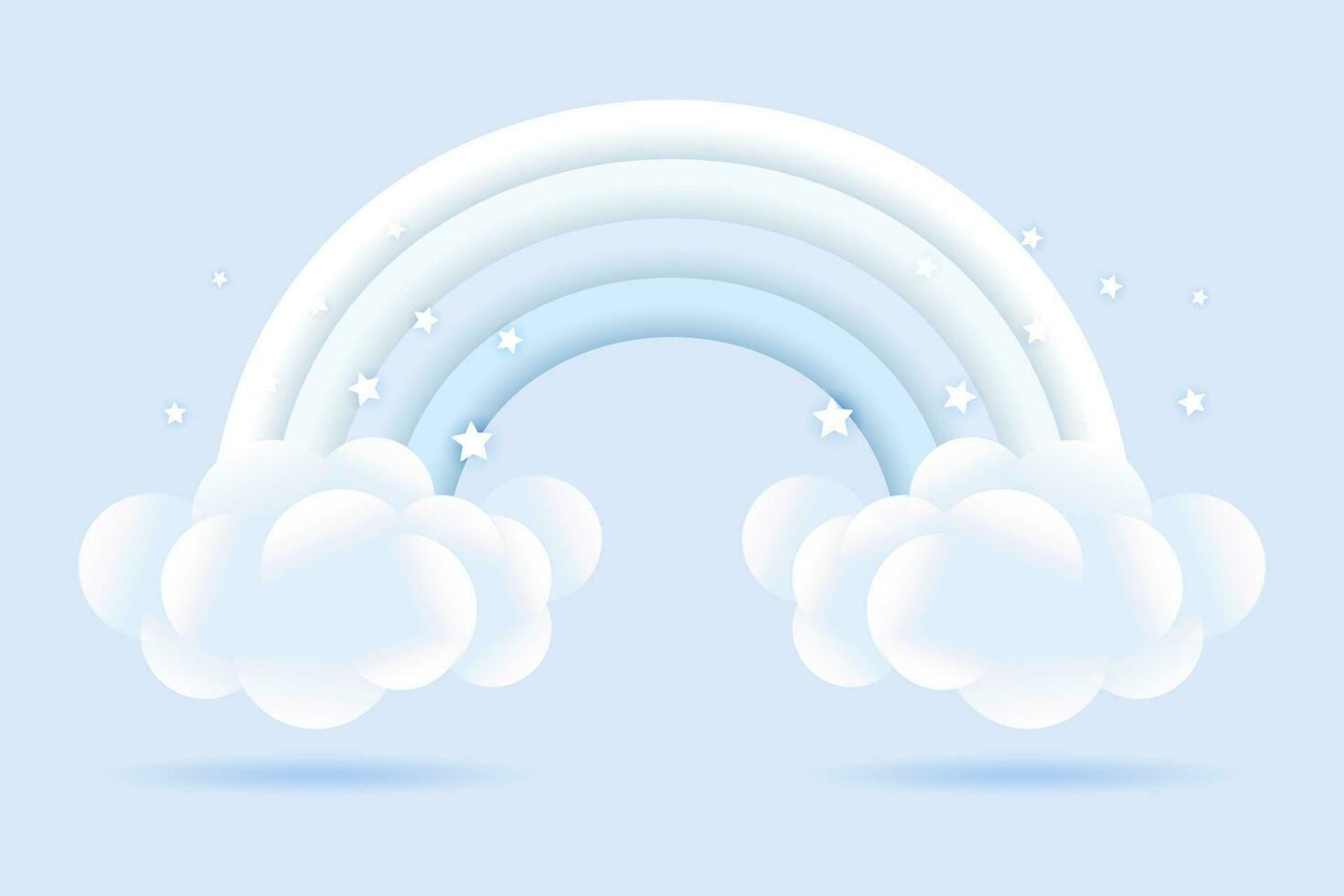 3d bébé douche, arc en ciel avec des nuages et étoiles sur une pâle bleu arrière-plan, puéril conception dans pastel couleurs. arrière-plan, illustration, vecteur. vecteur