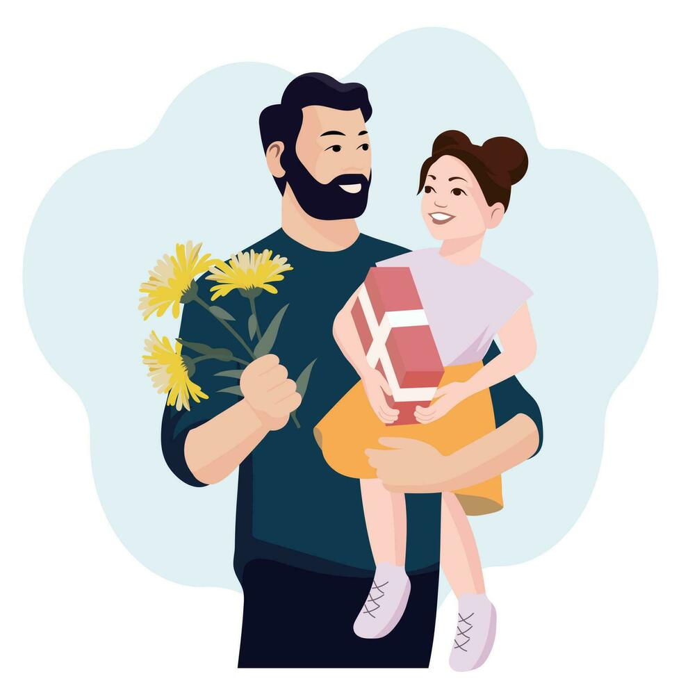 père avec fille avec fleurs et une cadeau. homme et fille, famille. illustration, vecteur