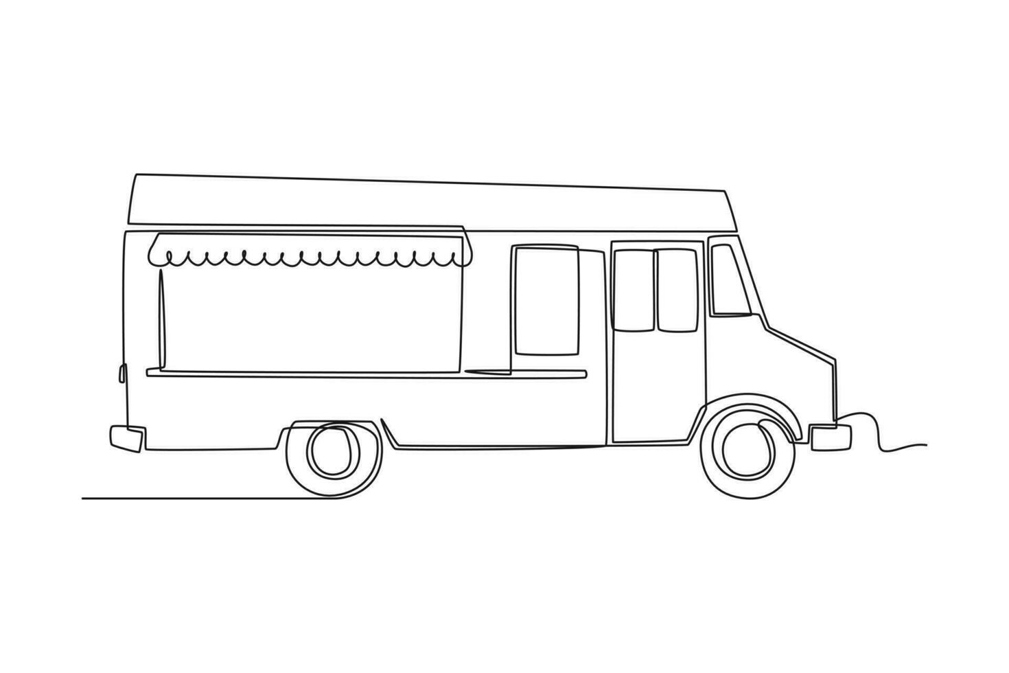 Célibataire un ligne dessin nourriture camions. restaurant sur roues. fourgonnettes pour rue nourriture vente. voiture concept. continu ligne dessiner conception graphique vecteur illustration.