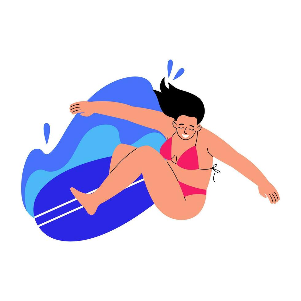 femelle personnage surfant. surfeur permanent sur planche de surf dans vague. plat vecteur illustration sur blanc Contexte.