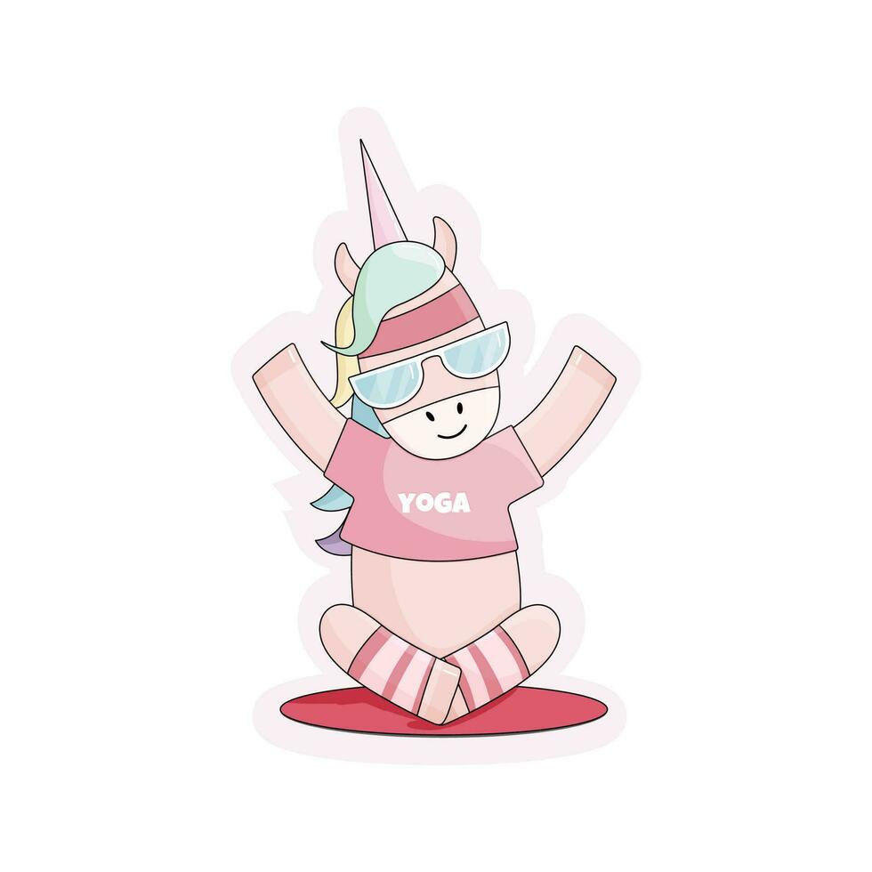 le plat isolé mignonne kawaii Licorne dans rose T-shirt fabrication yoga padmasana vecteur