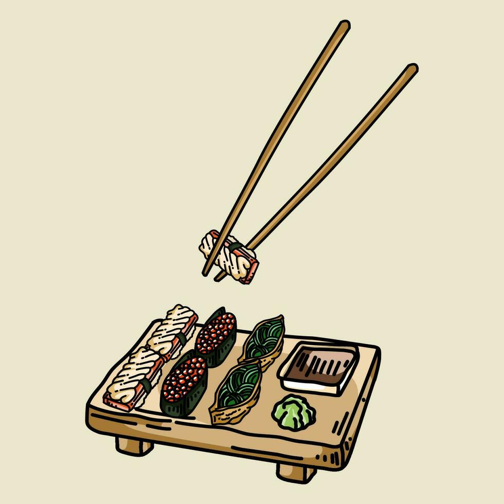 prime vecteur main dessiner Sushi ensemble pour Japonais cuisine restaurant