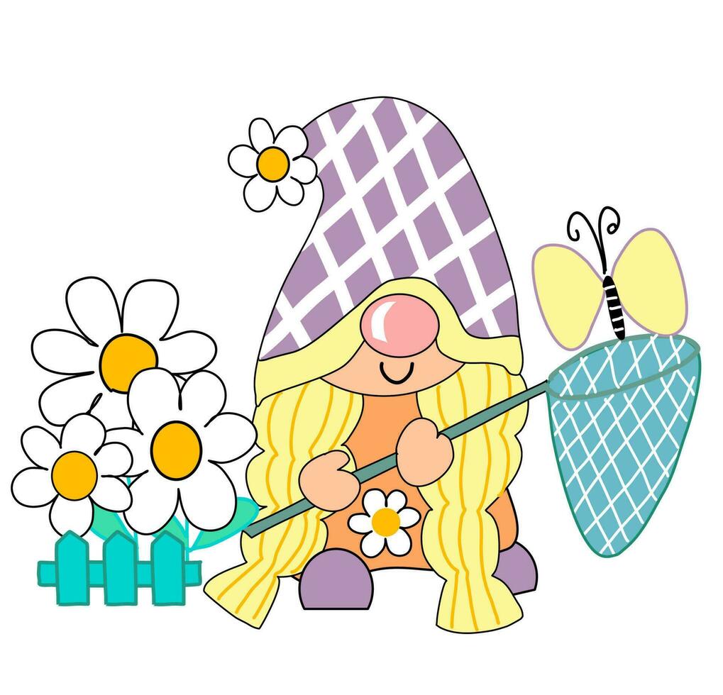 printemps Marguerite gnome dessin animé à main levée vecteur