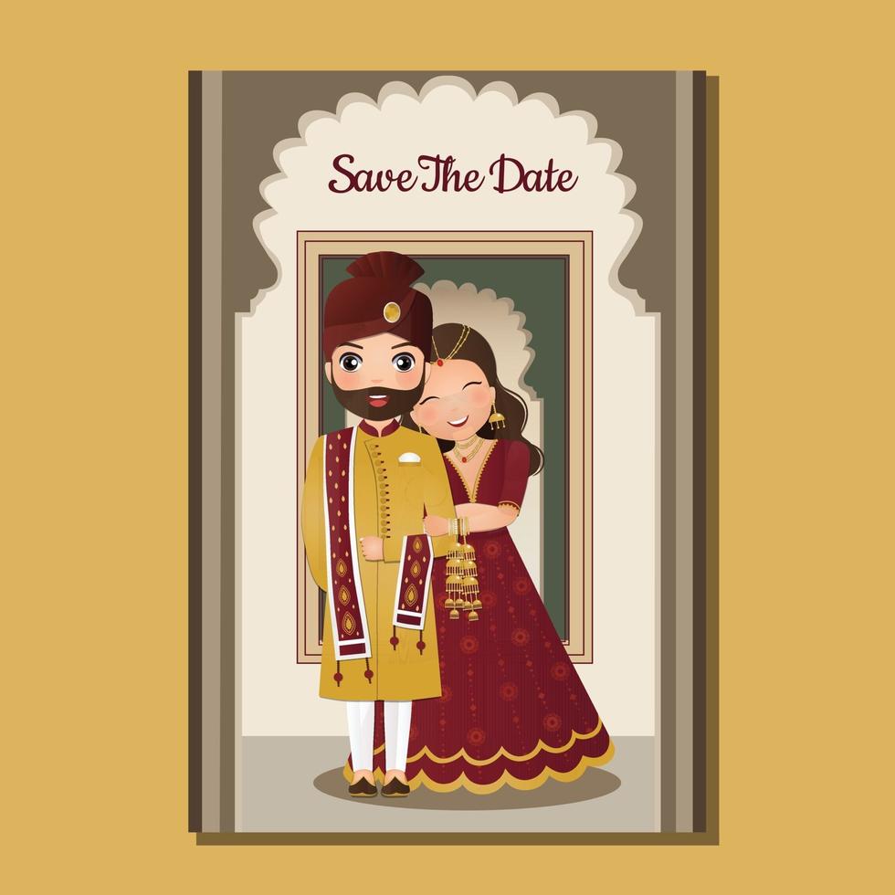 carte d'invitation de mariage la mariée et le marié joli couple en personnage de dessin animé de robe indienne traditionnelle. illustration vectorielle. vecteur