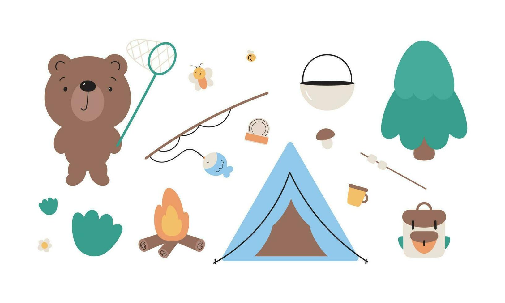 vecteur ensemble de camping éléments et mignonne ours. coloré illustration dans plat dessin animé style.