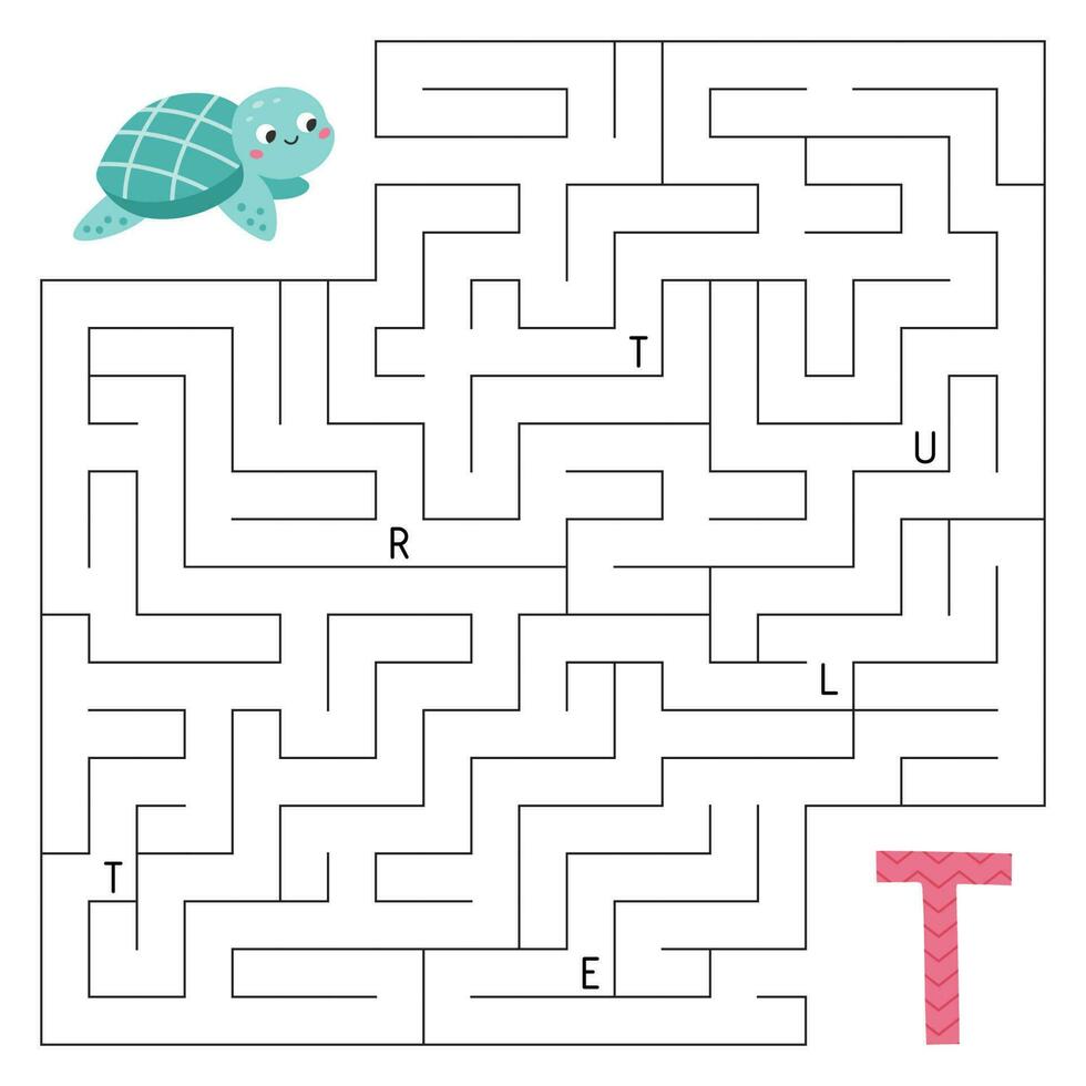 apprendre des lettres. abc Labyrinthe jeu. éducatif puzzle pour enfants. Aidez-moi le tortue trouver droite façon à le lettre t. activité feuille de travail avec labyrinthe. apprendre Anglais langue. vecteur illustration