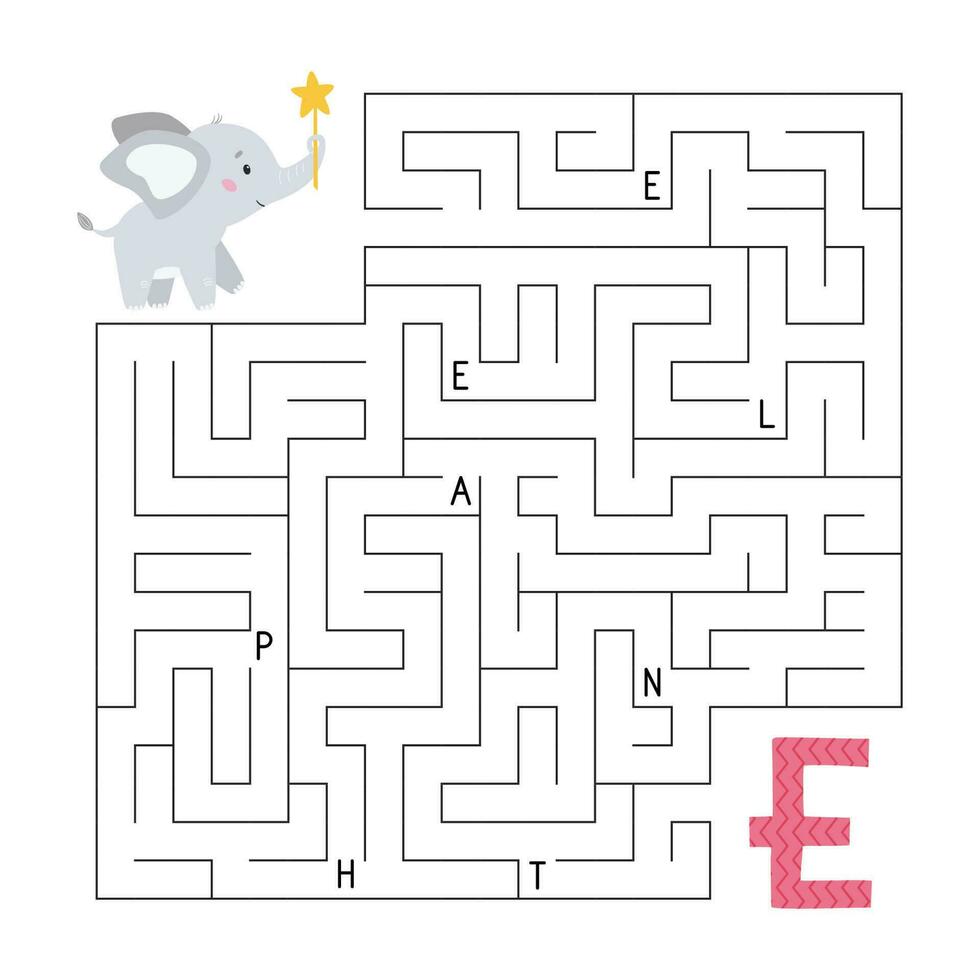 abc Labyrinthe jeu. éducatif puzzle pour enfants. labyrinthe avec des lettres. Aidez-moi l'éléphant trouver droite façon à le lettre e. activité feuille de travail. apprendre Anglais langue. vecteur illustration