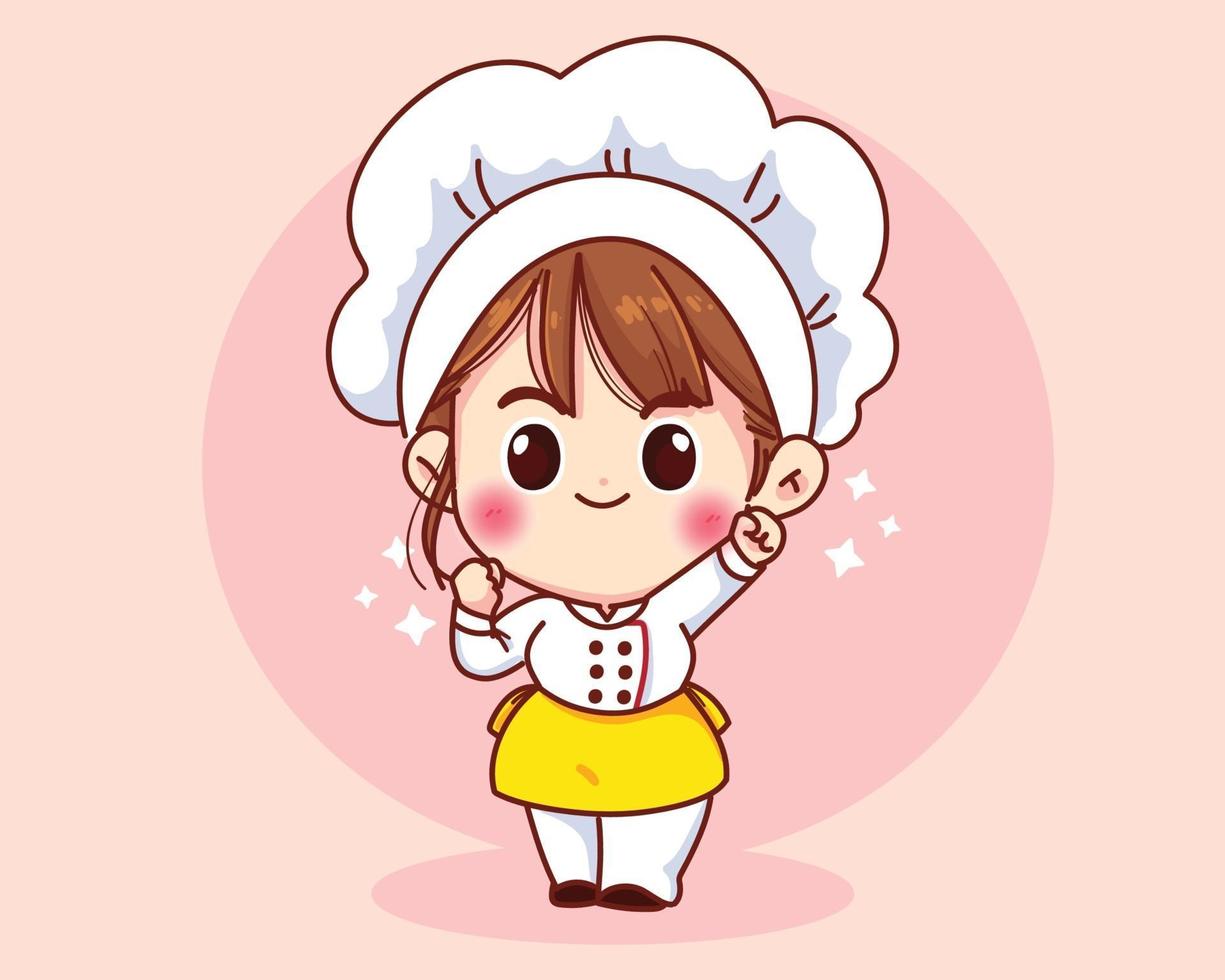 fille mignonne de chef souriant en illustration d'art de dessin animé de mascotte uniforme vecteur