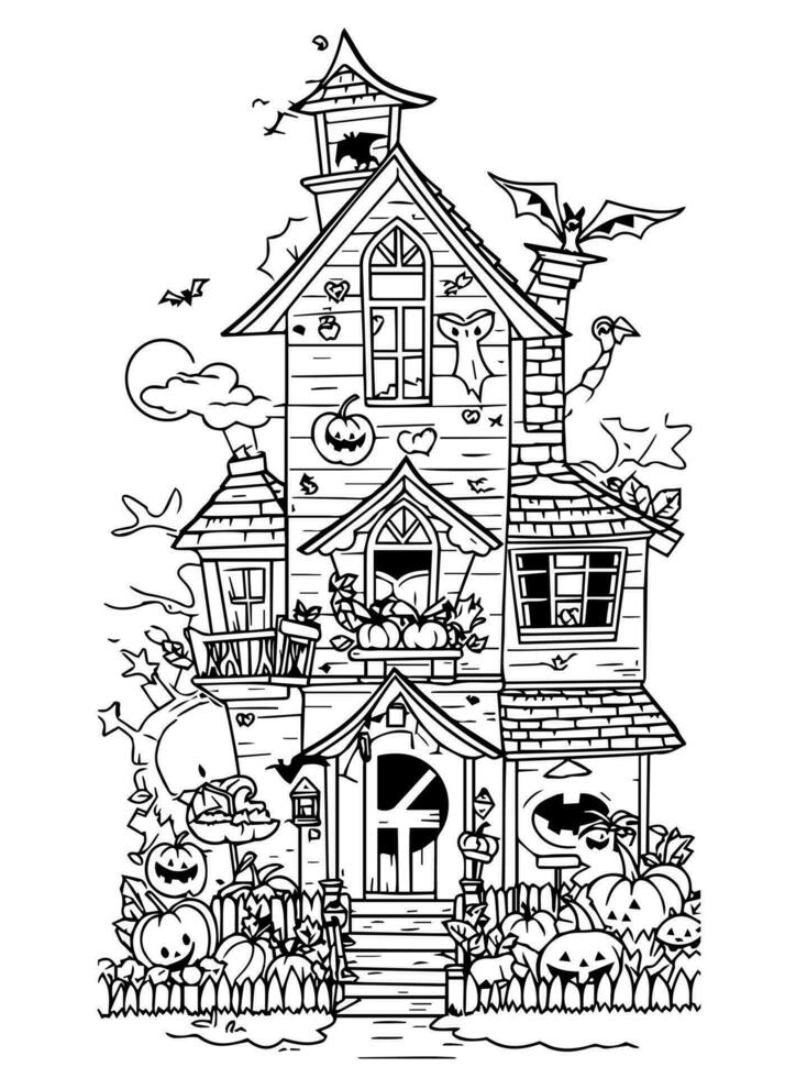 Halloween paysage des gamins coloration page vecteur