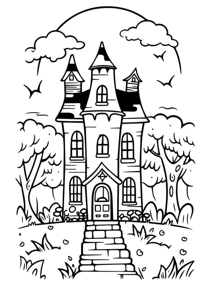 Halloween paysage des gamins coloration page vecteur