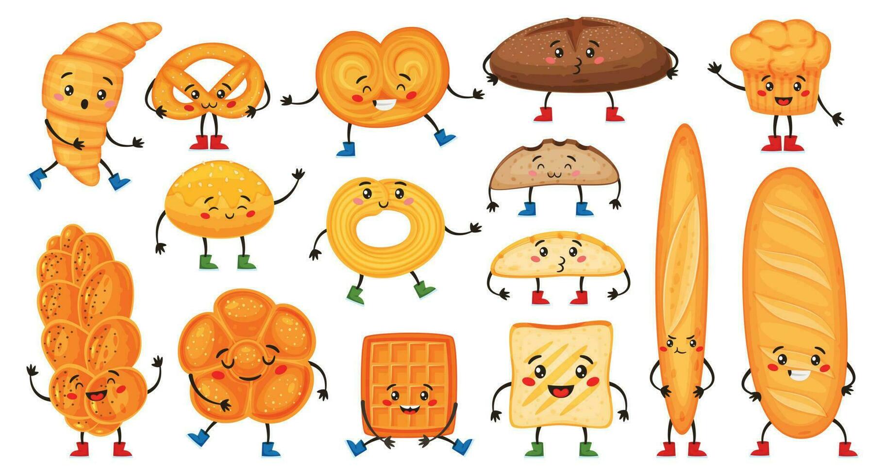 mignonne dessin animé pain personnages avec content visages. marrant croissant, muffin, baguette, bretzel et griller. boulangerie mascotte personnage vecteur ensemble