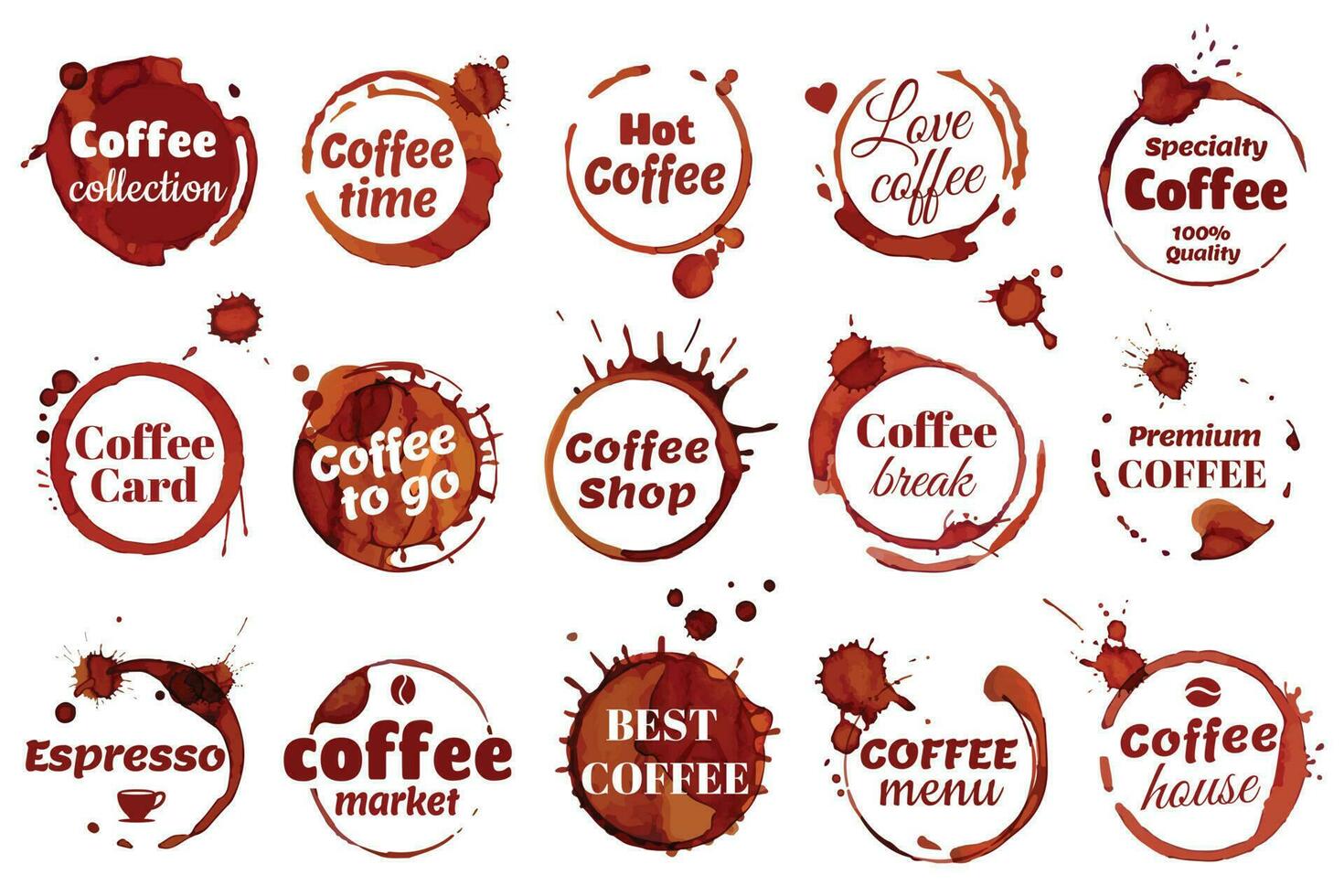 café tache bague étiqueter, café magasin café logo. prime qualité emblème, sale tasse cercle taches badge, déversé Expresso taches vecteur ensemble