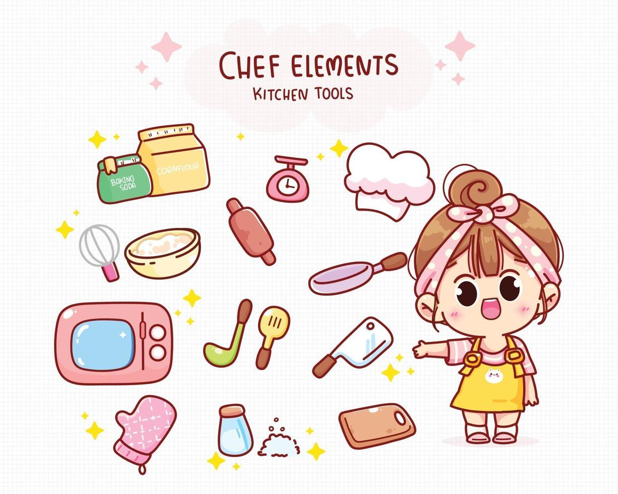 illustration de dessin animé mignon chef et éléments de cuisine vecteur