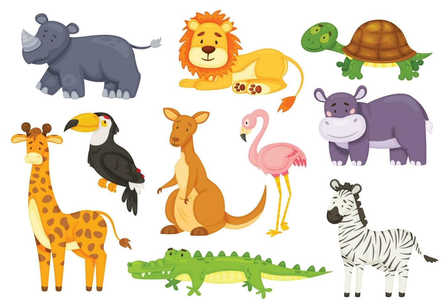 dessin animé marrant africain animaux, sauvage safari animal. mignonne zèbre, rhinocéros, flamant, girafe, crocodile, kangourou, lion, jungle faune vecteur ensemble