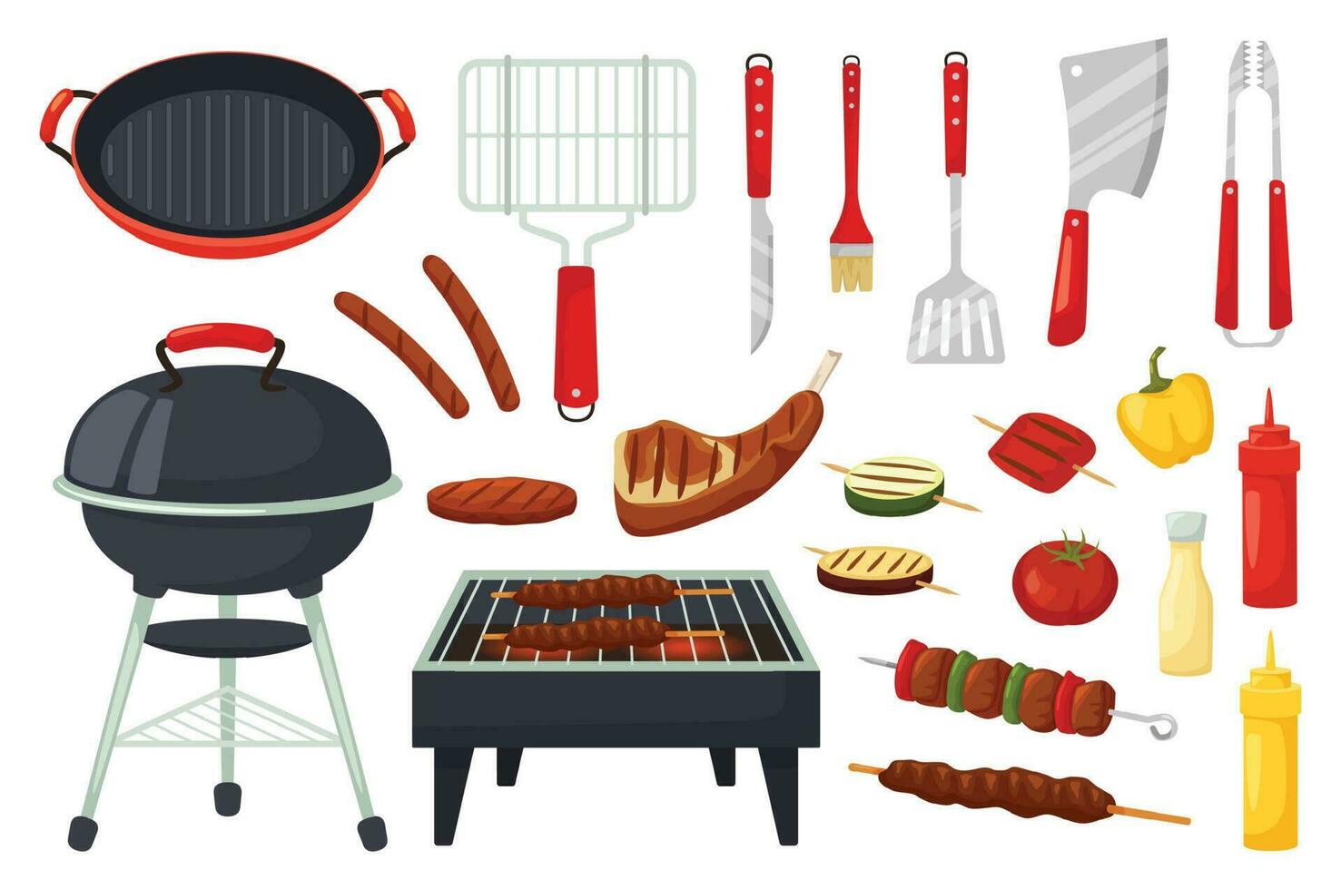 dessin animé barbecue nourriture et ustensiles, un barbecue fête éléments. Extérieur grillades, grillé Viande et légumes, gril pique-nique équipement vecteur ensemble