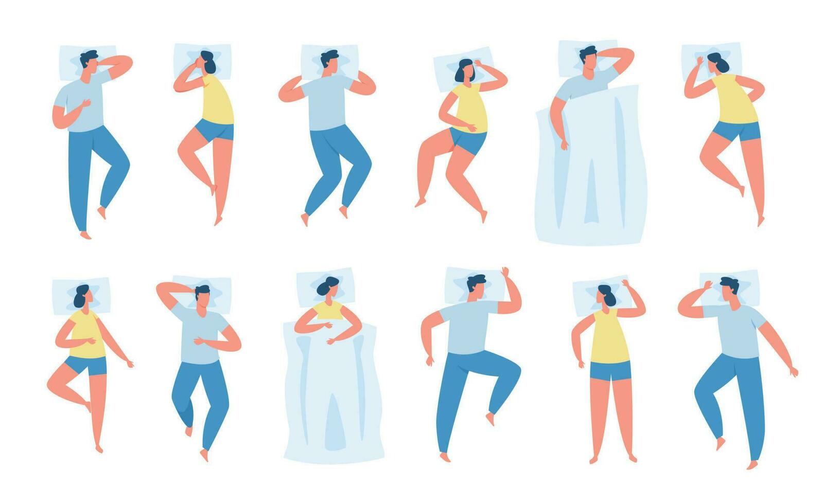 personnages dans différent en train de dormir pose, confortable sommeil positions. Hommes et femmes mensonge dans lit sur oreiller, gens repos vecteur ensemble